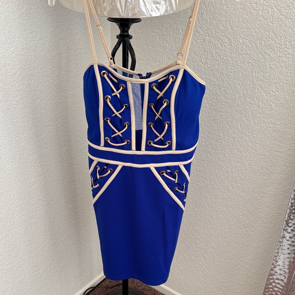 Fashion Nova Royal Blue Lace-Up Bodycon Dress with Cream Trim